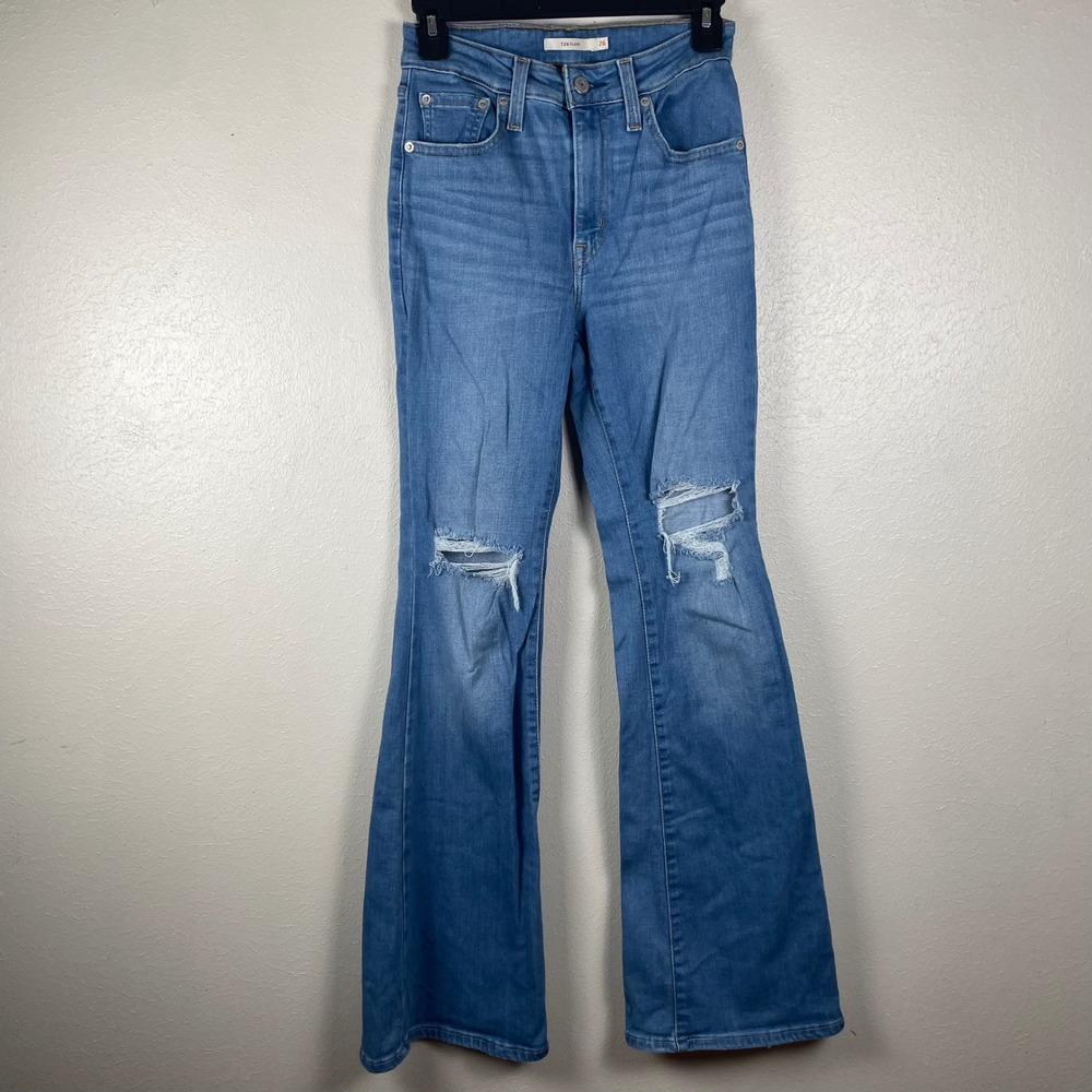 Levis 726‎ High Rise Flare Jeans Womens 26 Blue Distressed Denim A3410-0006